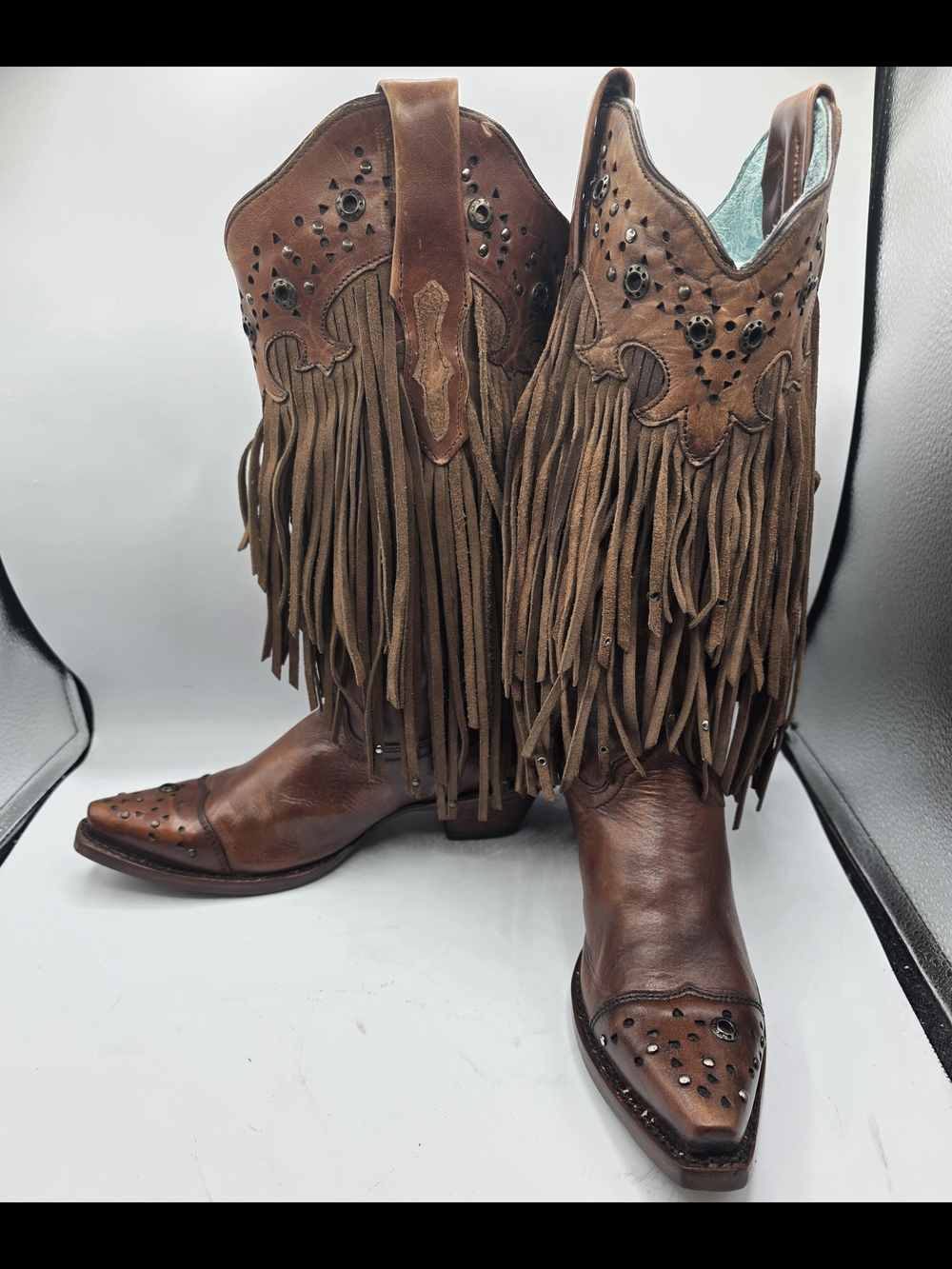 Corral Vintage Sierra Fringe Studded Brown Leather Cowboy Boots Woman's Sz 7.